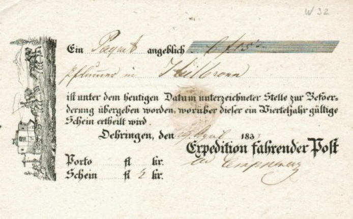 Zier-Postschein von Öhringen W 32, Postkutsche nach rechts mit Hund. Zier-Postschein von Öhringen W 32, Postkutsche nach rechts mit Hund.